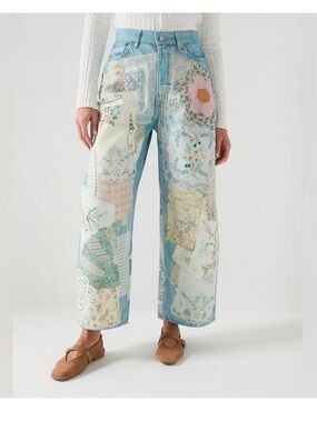 Free People Illusions Relaxed Fit Jeans Patchwork Sky Combo size 28 New with Tag